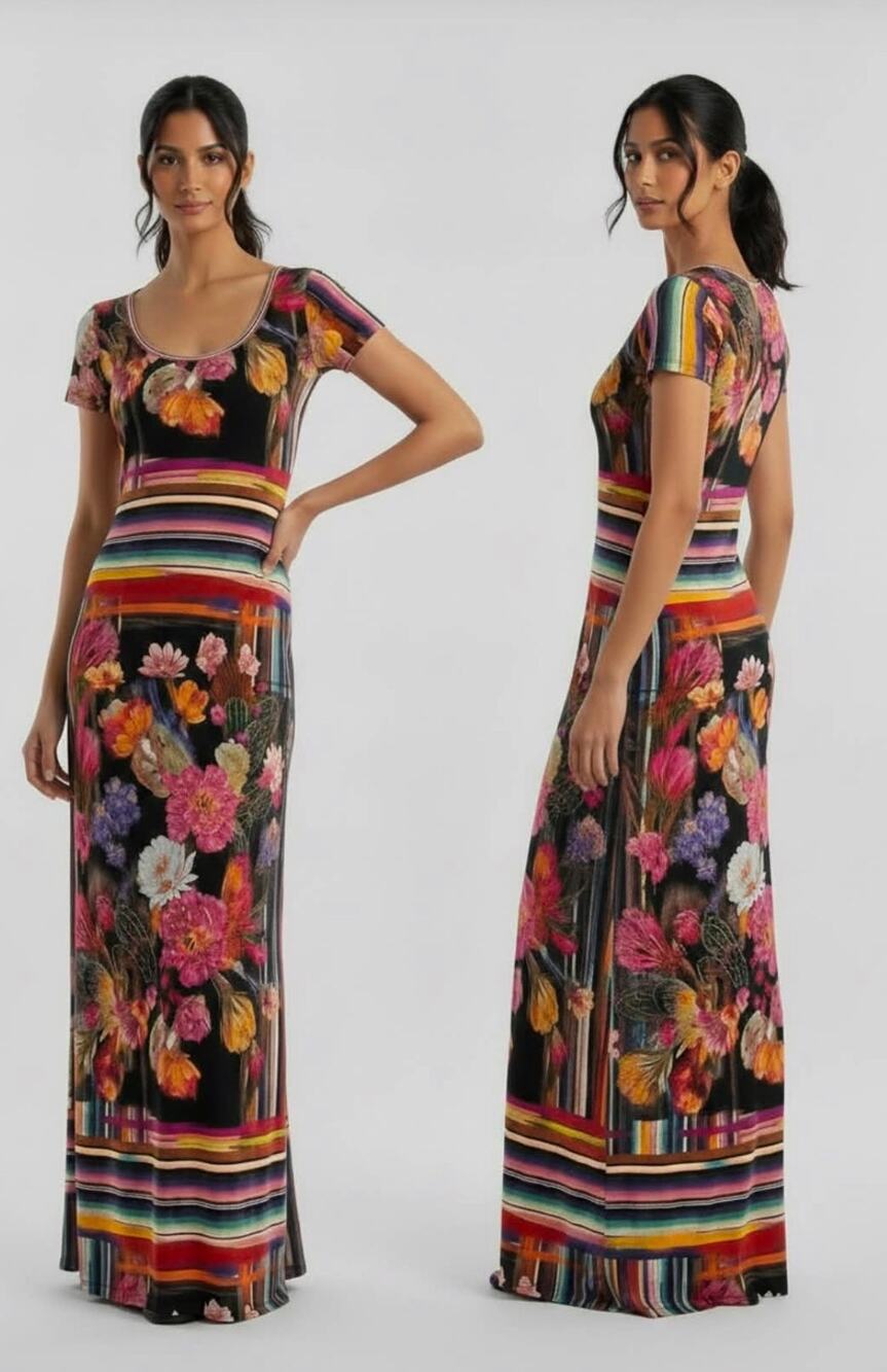 Fuzzi Striped Floral Multicolor Short Sleeve Scoop Neck Jersey Maxi Dress Size S